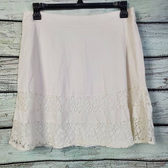 Maurices White Linen Blend Skirt Size 13/14 Lace Trim A-Line Lined Romantic Boho - Picture 1 of 7
